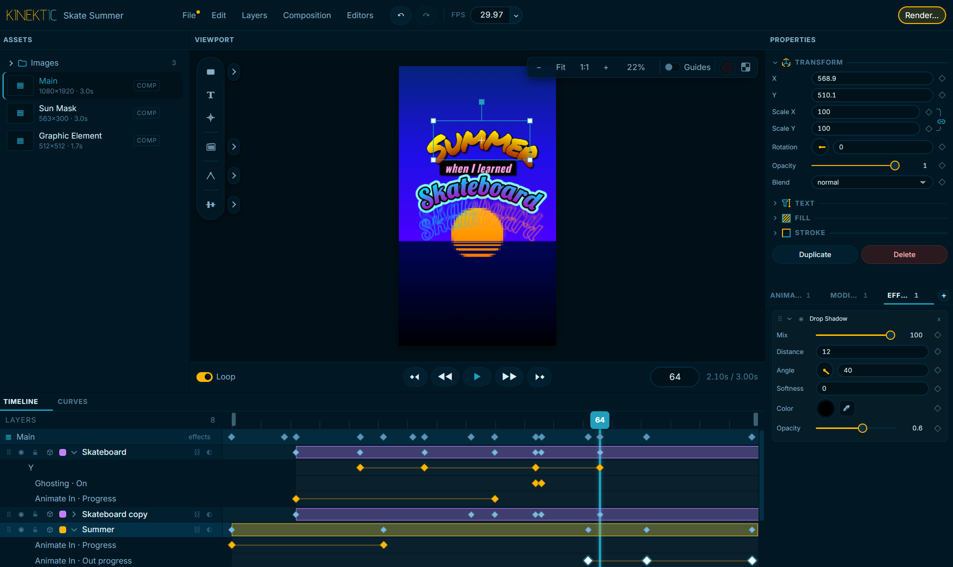 Kinektic animation software interface with a skateboard title animation on the timeline